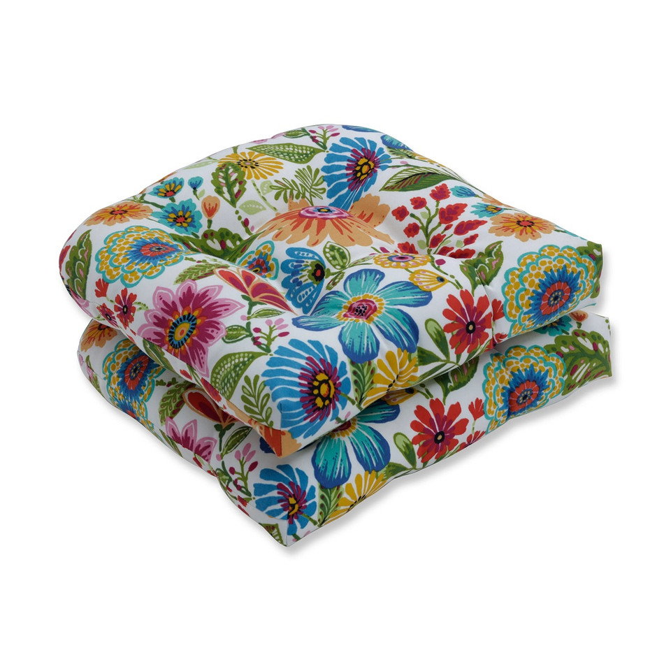 Set of 2 Vibrantly Colored Floral Pattern Outdoor Patio Wicker Seat Cushions 19" Christmas Central